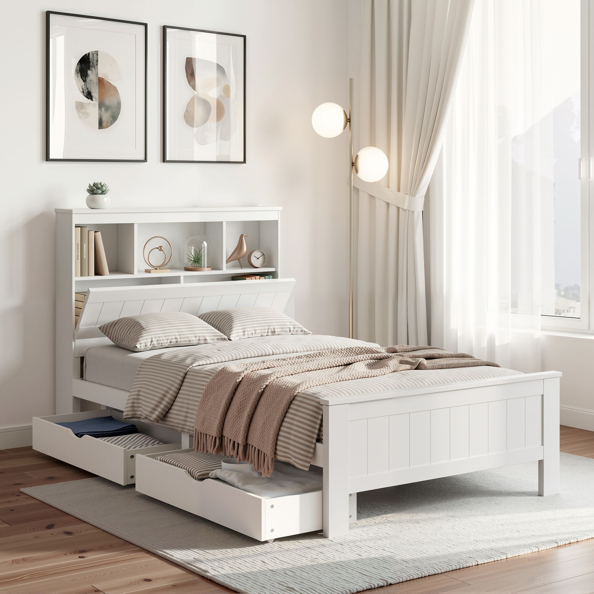 Artiss Bed Frame King Single Size Wooden with 2 Storage Drawers White WBED-D-S1-107-DRAW