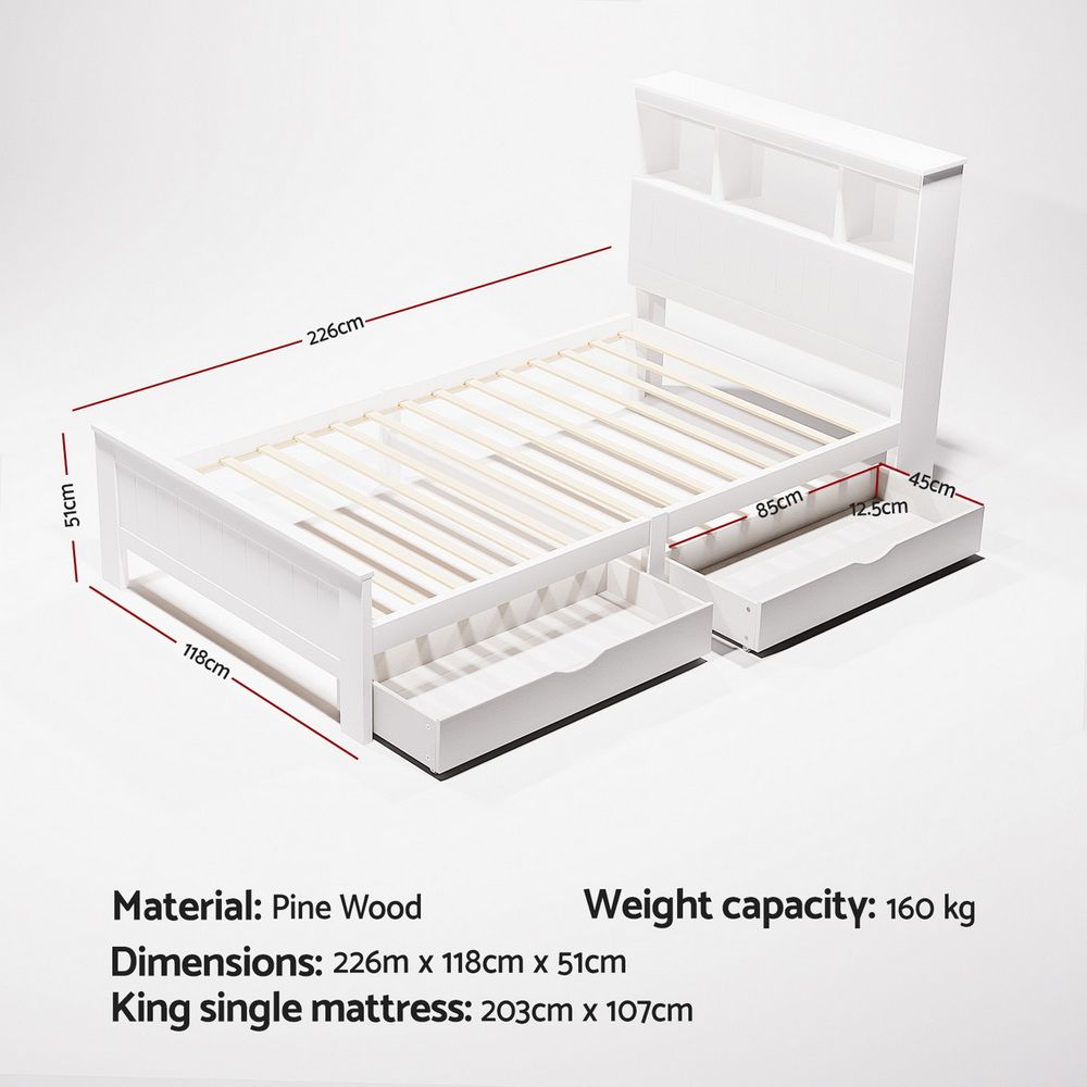 Artiss Bed Frame King Single Size Wooden with 2 Storage Drawers White WBED-D-S1-107-DRAW