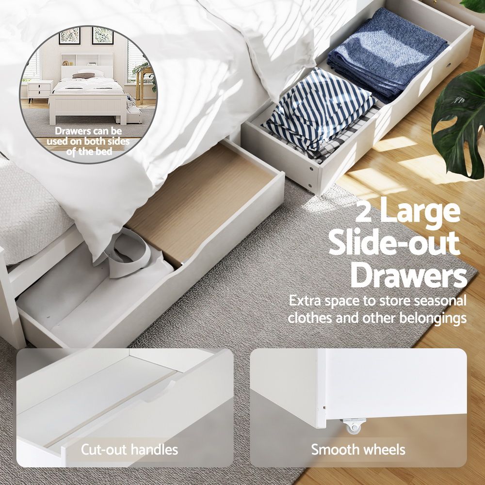 Artiss Bed Frame King Single Size Wooden with 2 Storage Drawers White WBED-D-S1-107-DRAW