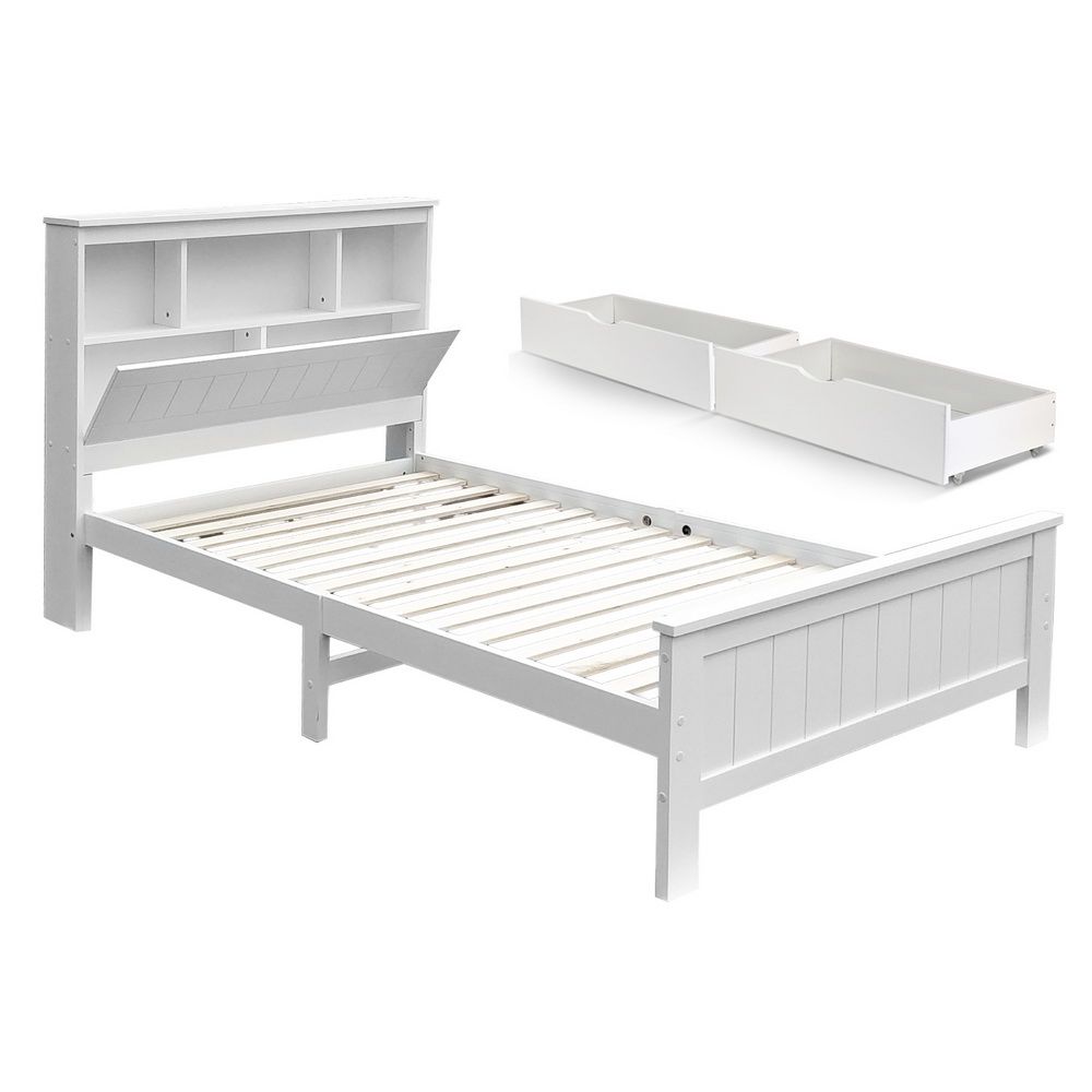 Artiss Bed Frame King Single Size Wooden with 2 Storage Drawers White WBED-D-S1-107-DRAW