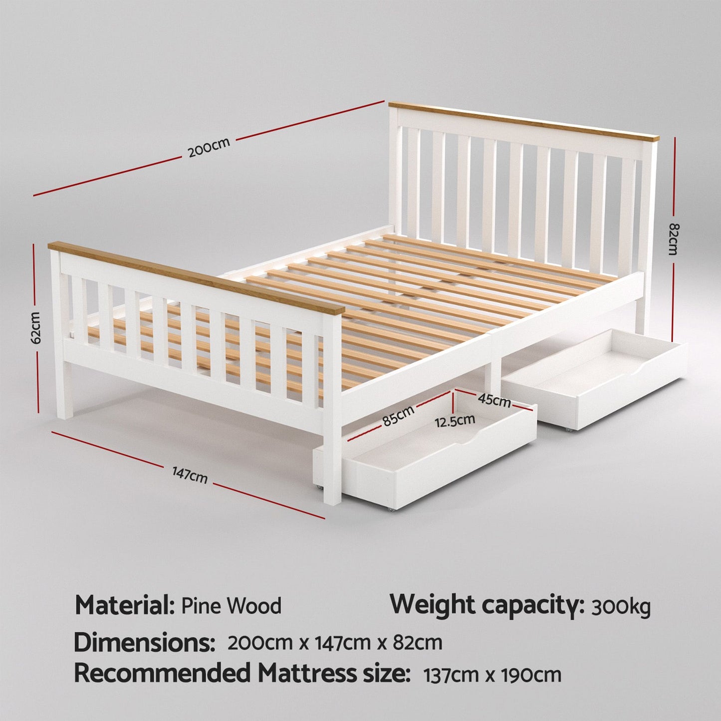 Artiss Bed Frame Double Size Wooden Platform with 2 Storage Drawers White PONY WBED-D-TC18-137-DRAW