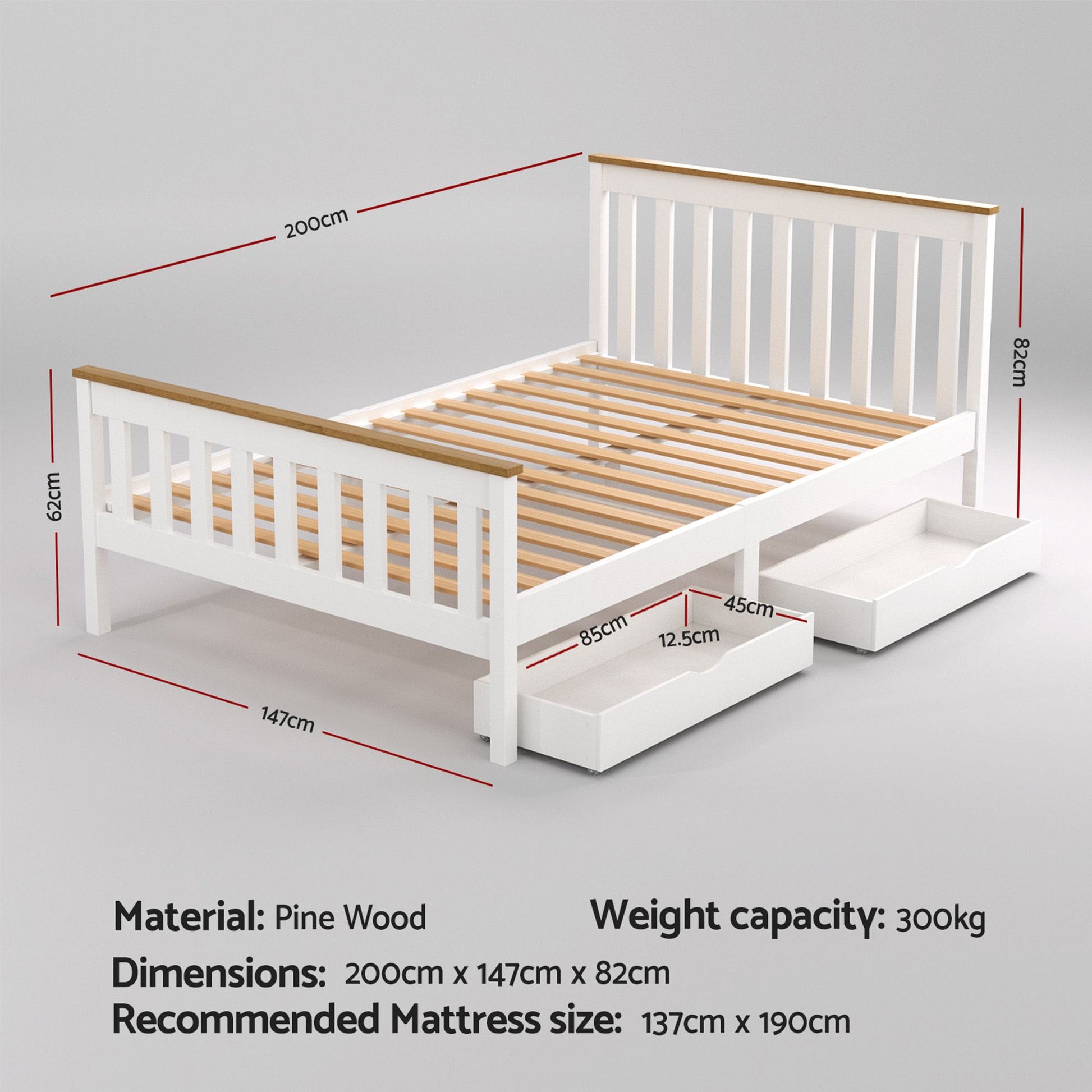 Artiss Bed Frame Double Size Wooden Platform with 2 Storage Drawers White PONY WBED-D-TC18-137-DRAW