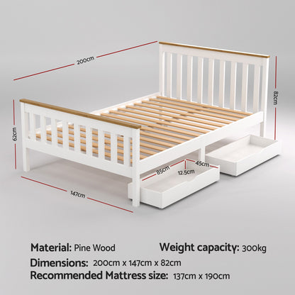 Artiss Bed Frame Double Size Wooden Platform with 2 Storage Drawers White PONY WBED-D-TC18-137-DRAW