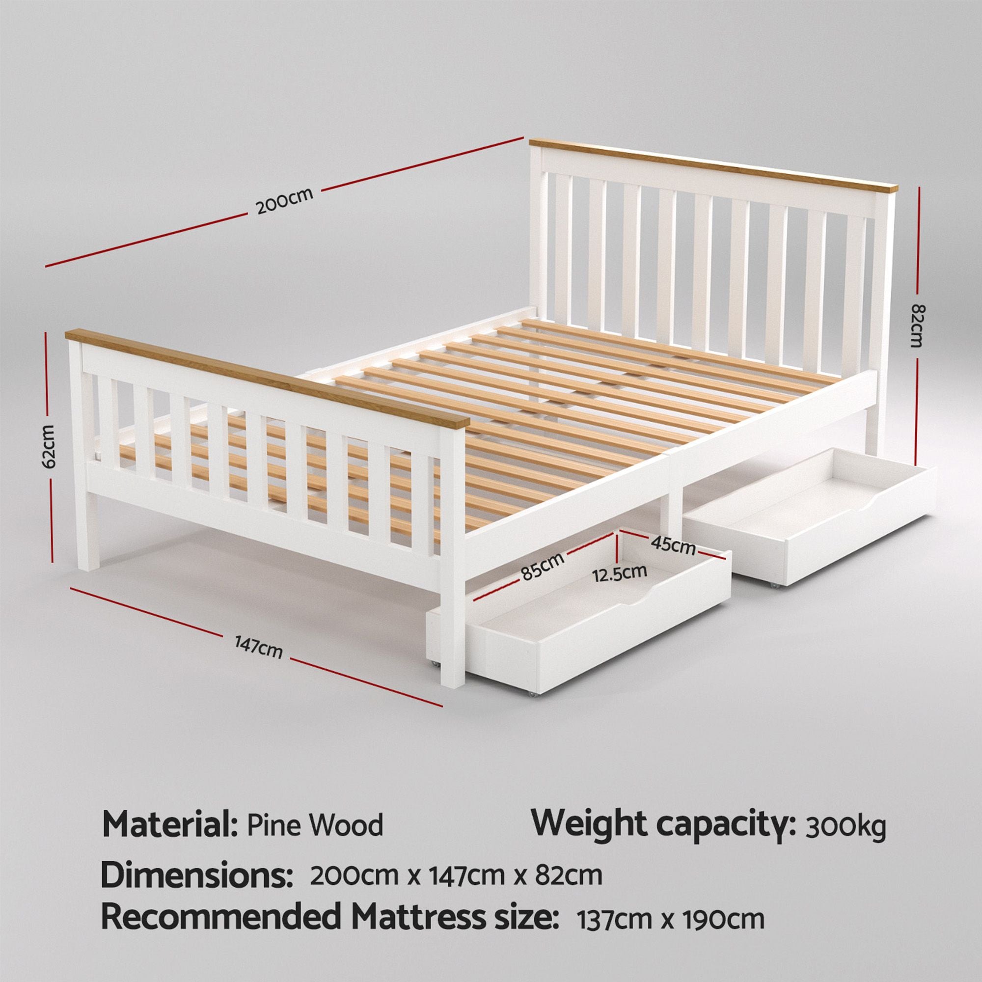 Artiss PONY White Double Wooden Bed Frame with Drawers