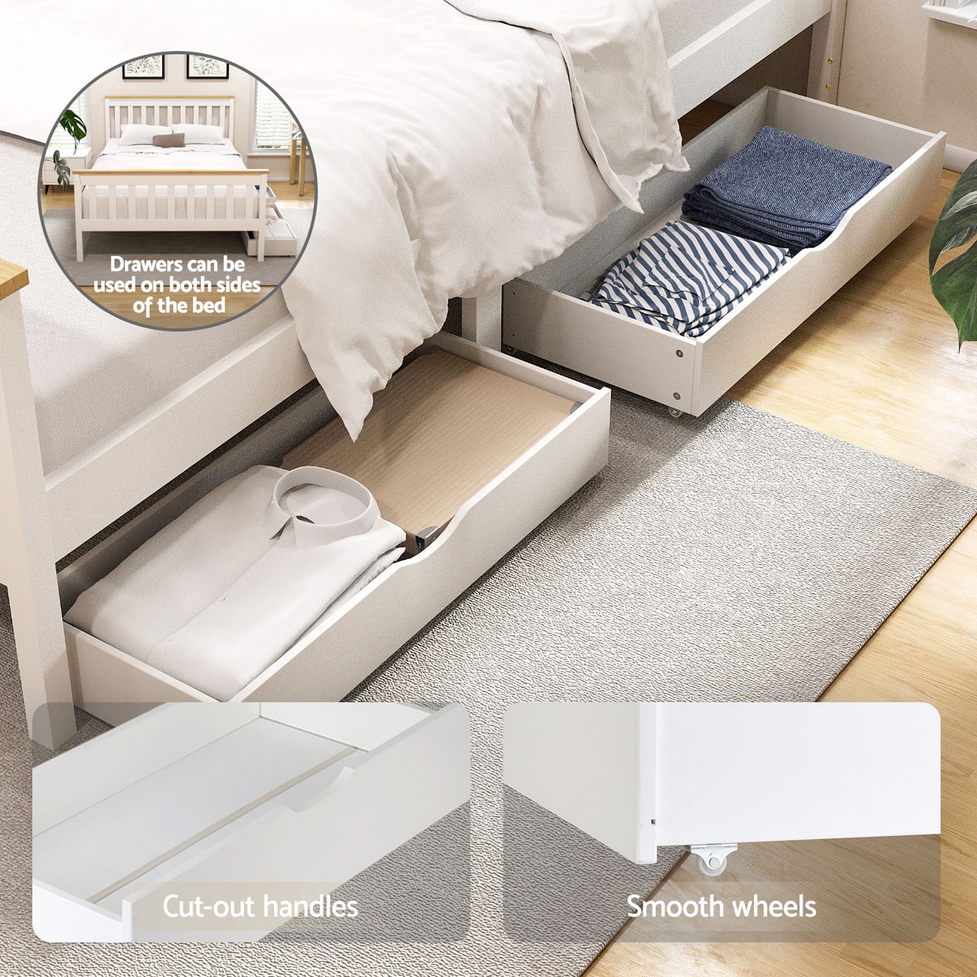 Artiss PONY White Double Wooden Bed Frame with Drawers