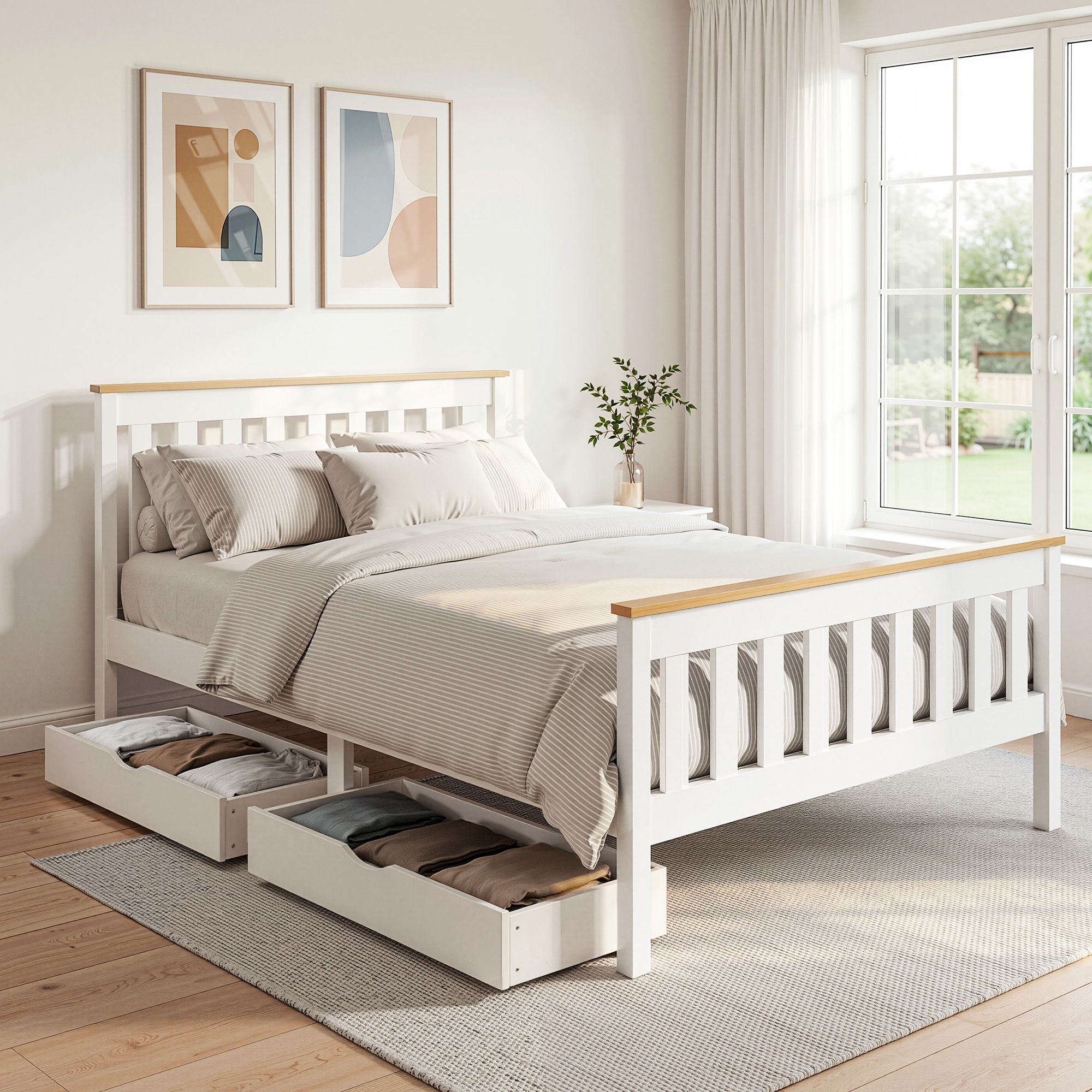 Artiss PONY White Double Wooden Bed Frame with Drawers