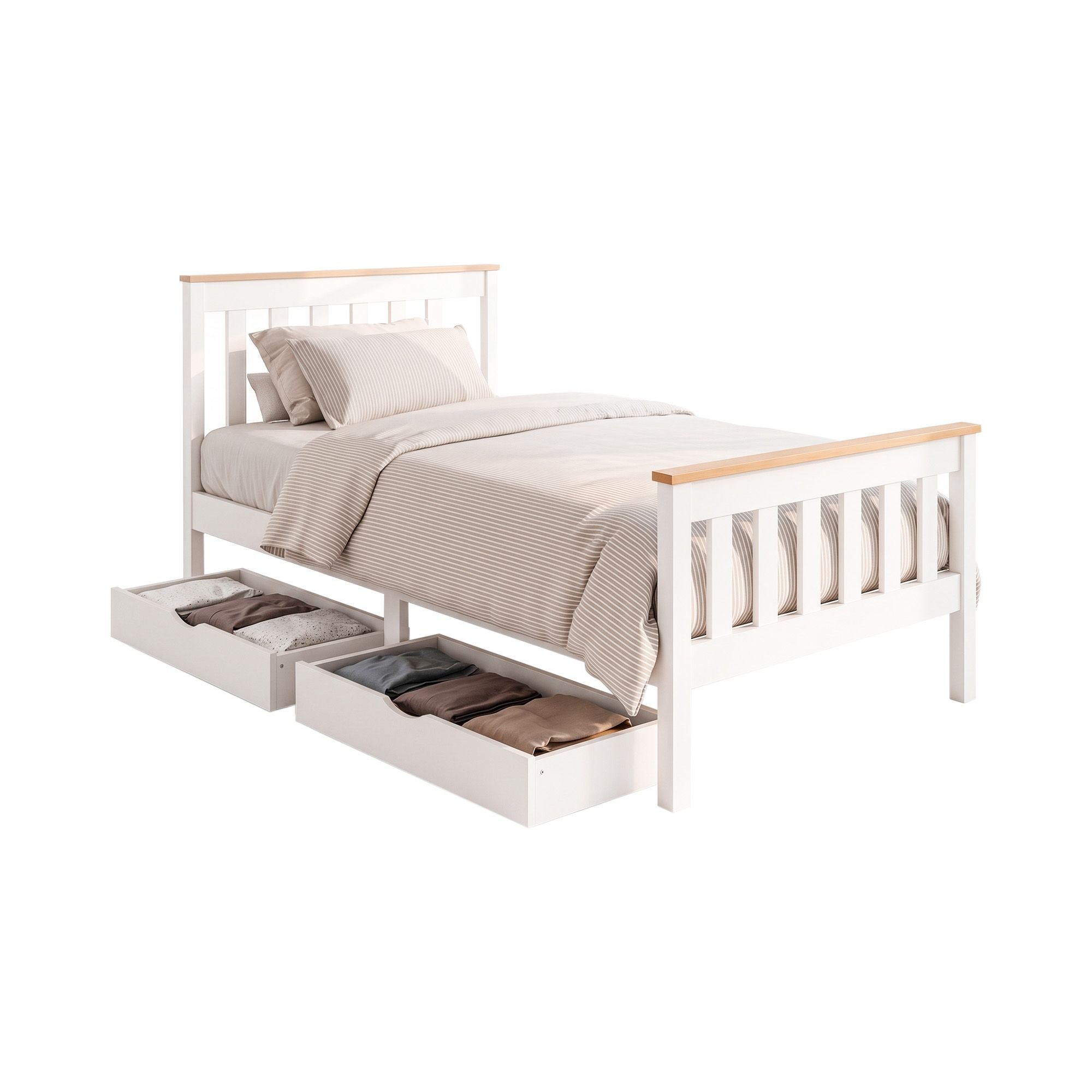 Artiss Bed Frame Single Size Wooden Platform with 2 Storage Drawers White PONY WBED-D-TC18-92-DRAW