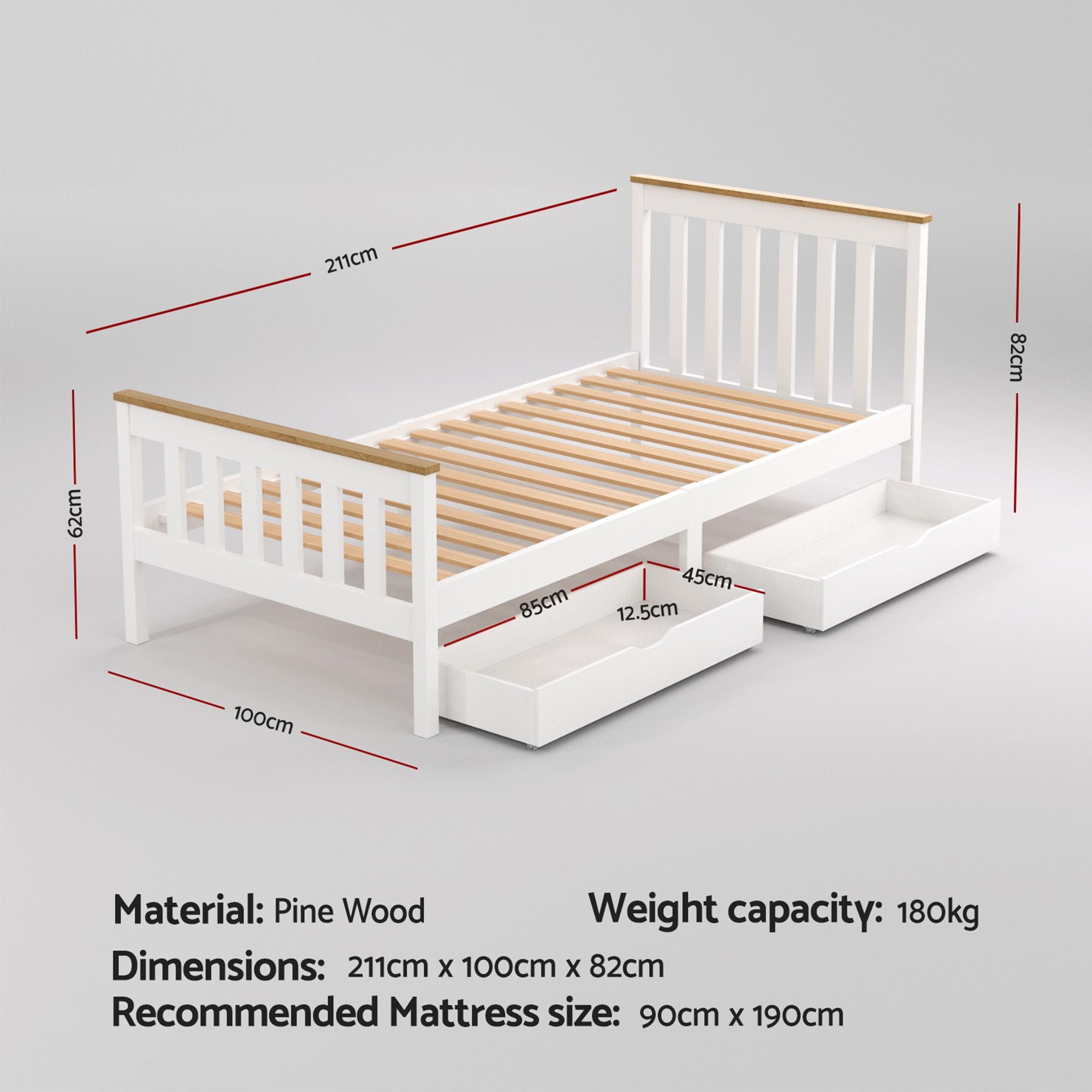 Artiss Bed Frame Single Size Wooden Platform with 2 Storage Drawers White PONY WBED-D-TC18-92-DRAW