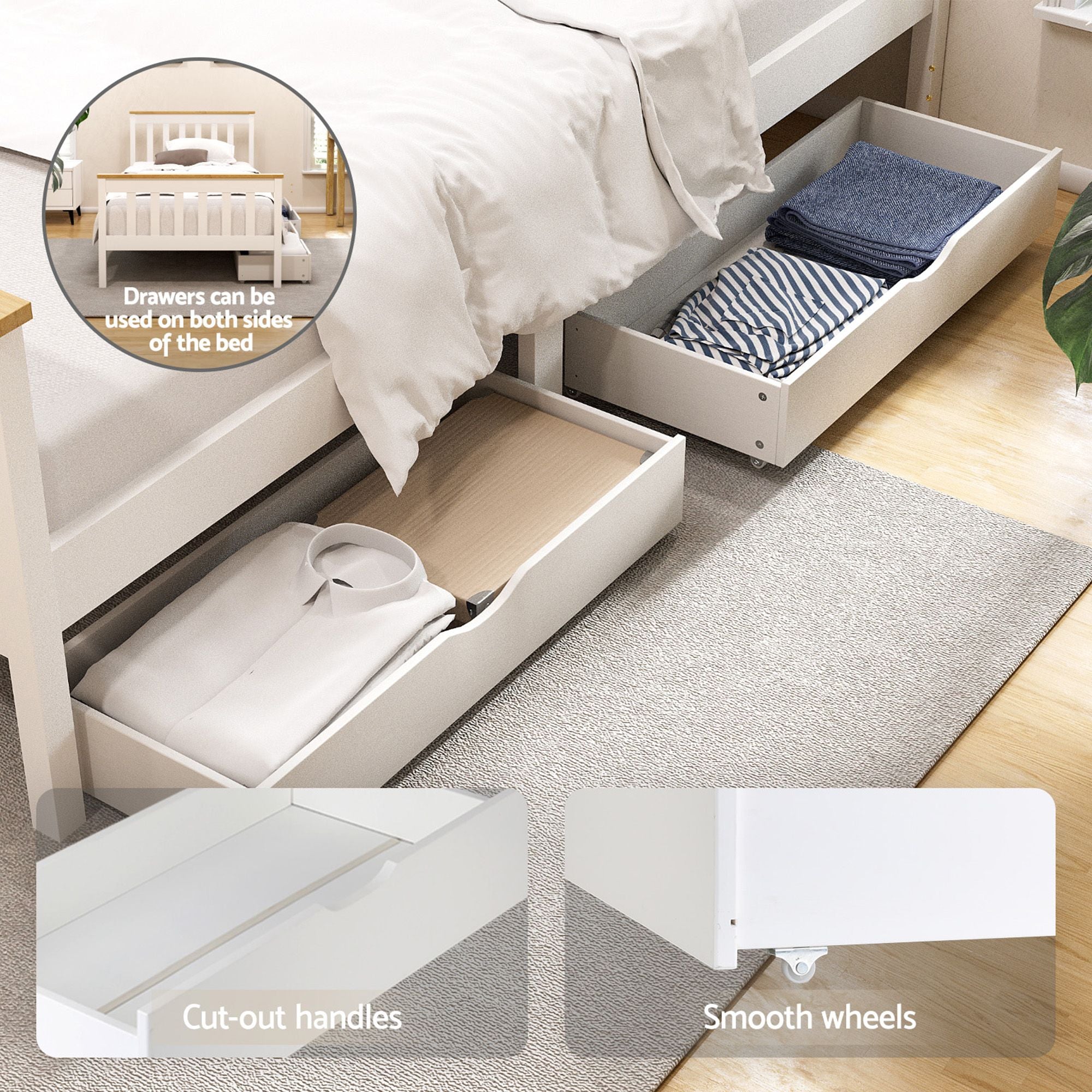 Artiss Bed Frame Single Size Wooden Platform with 2 Storage Drawers White PONY WBED-D-TC18-92-DRAW