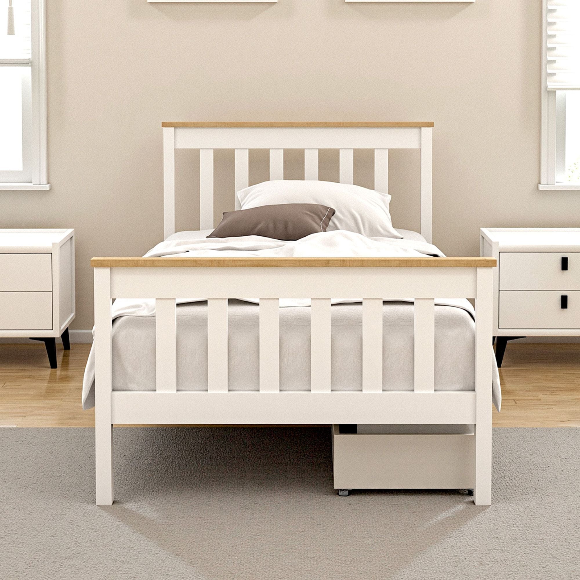 Artiss Bed Frame Single Size Wooden Platform with 2 Storage Drawers White PONY WBED-D-TC18-92-DRAW