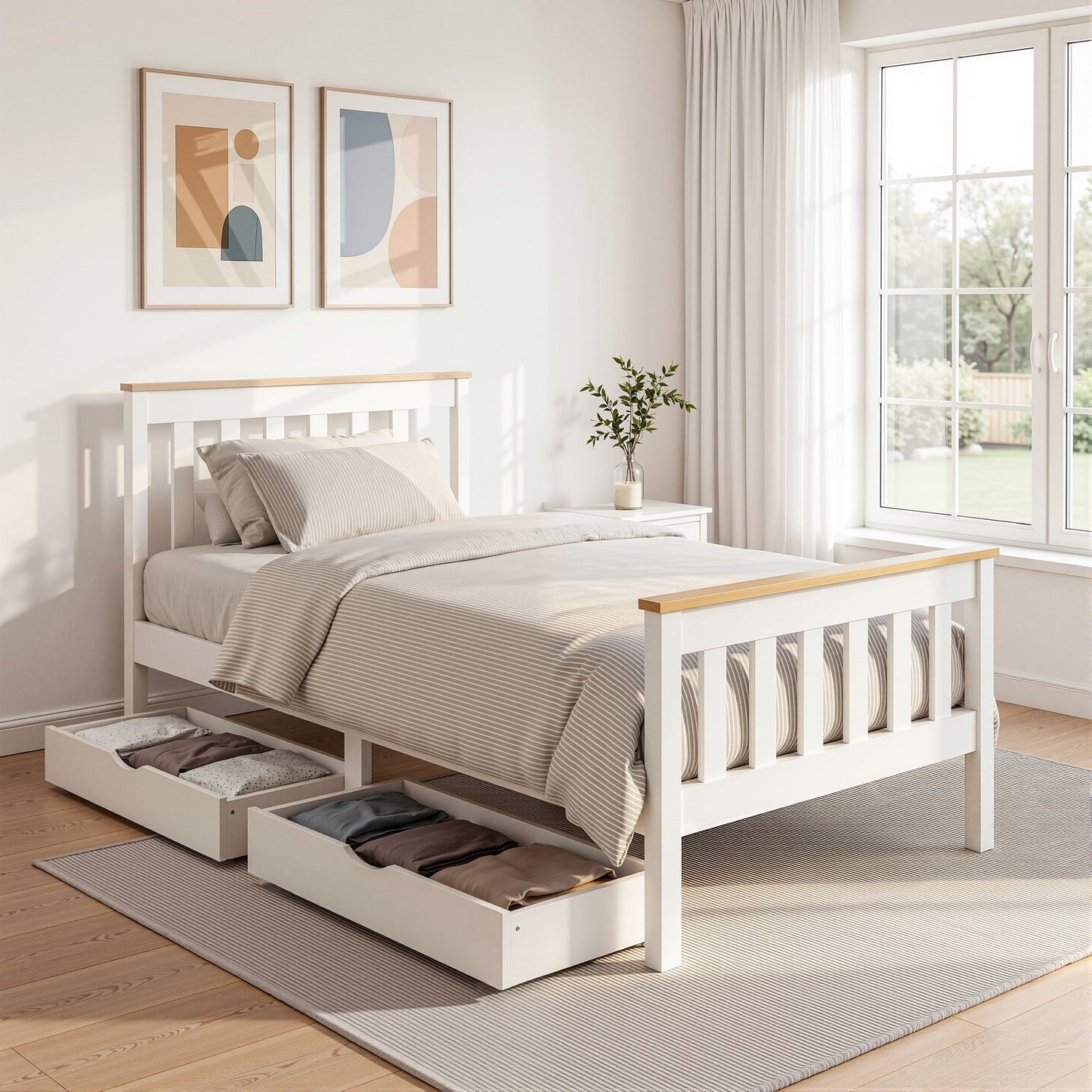 Artiss Bed Frame Single Size Wooden Platform with 2 Storage Drawers White PONY WBED-D-TC18-92-DRAW