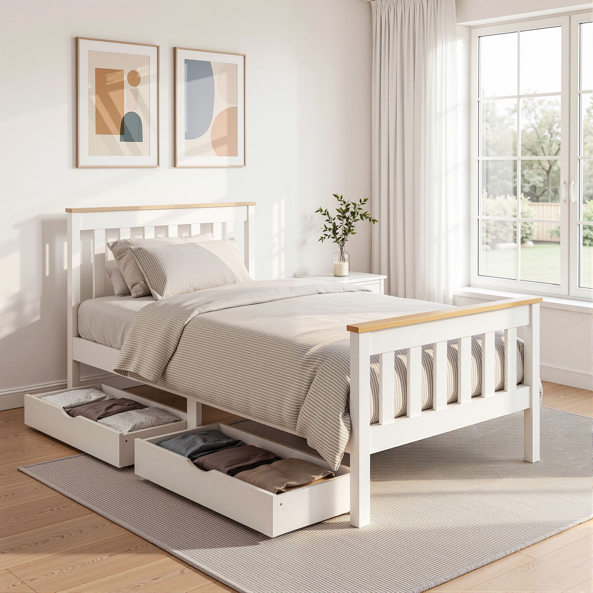 Artiss Bed Frame Single Size Wooden Platform with 2 Storage Drawers White PONY WBED-D-TC18-92-DRAW
