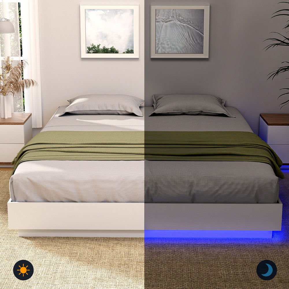 Artiss Double Bed Frame with 16Colour Led Light Wooden Platform Bed Base DAYGLOW WBED-DAYGLOW-D-WH-ABC