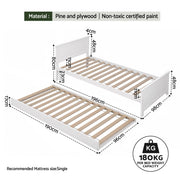 Artiss Single Bed Frame with Trundle Solid Wood Toddler Bunk Bed with Headboard White WBED-F-03S-107-AB