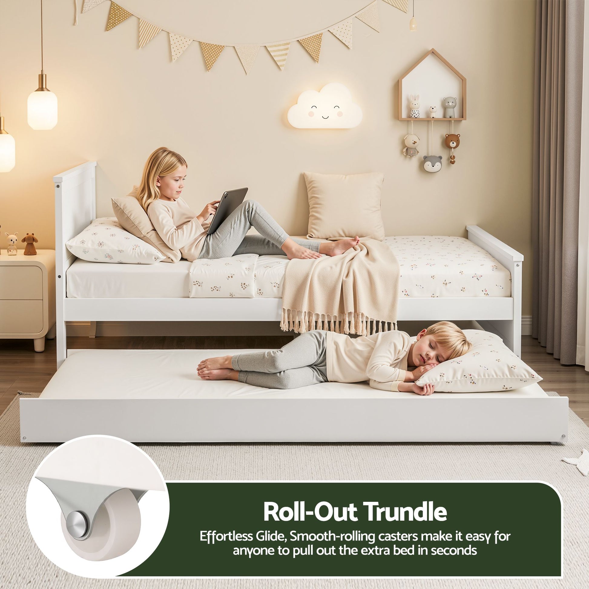 Artiss Single Bed Frame with Trundle Solid Wood Toddler Bunk Bed with Headboard White WBED-F-03S-107-AB