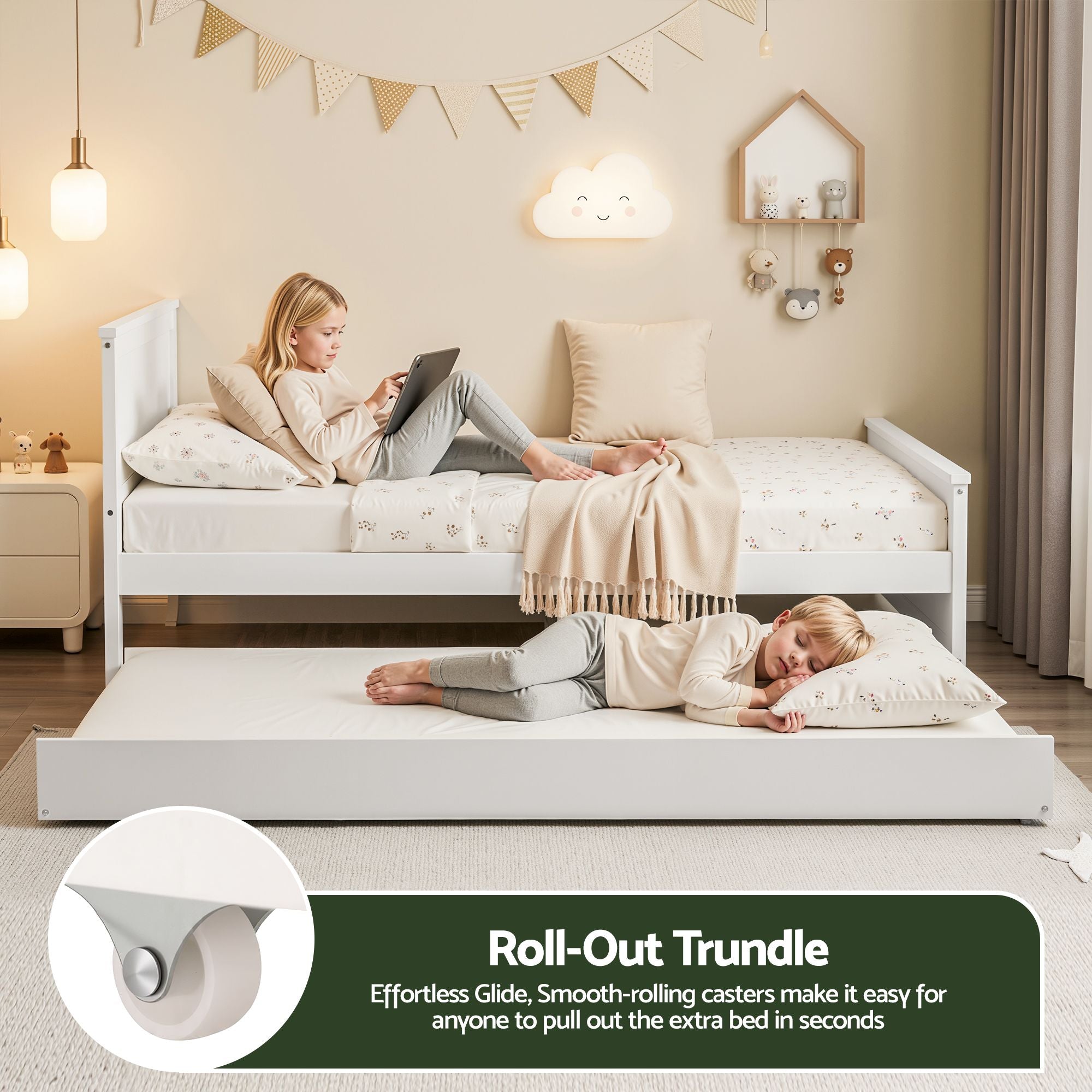 Artiss Single Bed Frame with Trundle Solid Wood Toddler Bunk Bed with Headboard White WBED-F-03S-107-AB