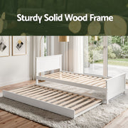 Artiss Single Bed Frame with Trundle Solid Wood Toddler Bunk Bed with Headboard White WBED-F-03S-107-AB