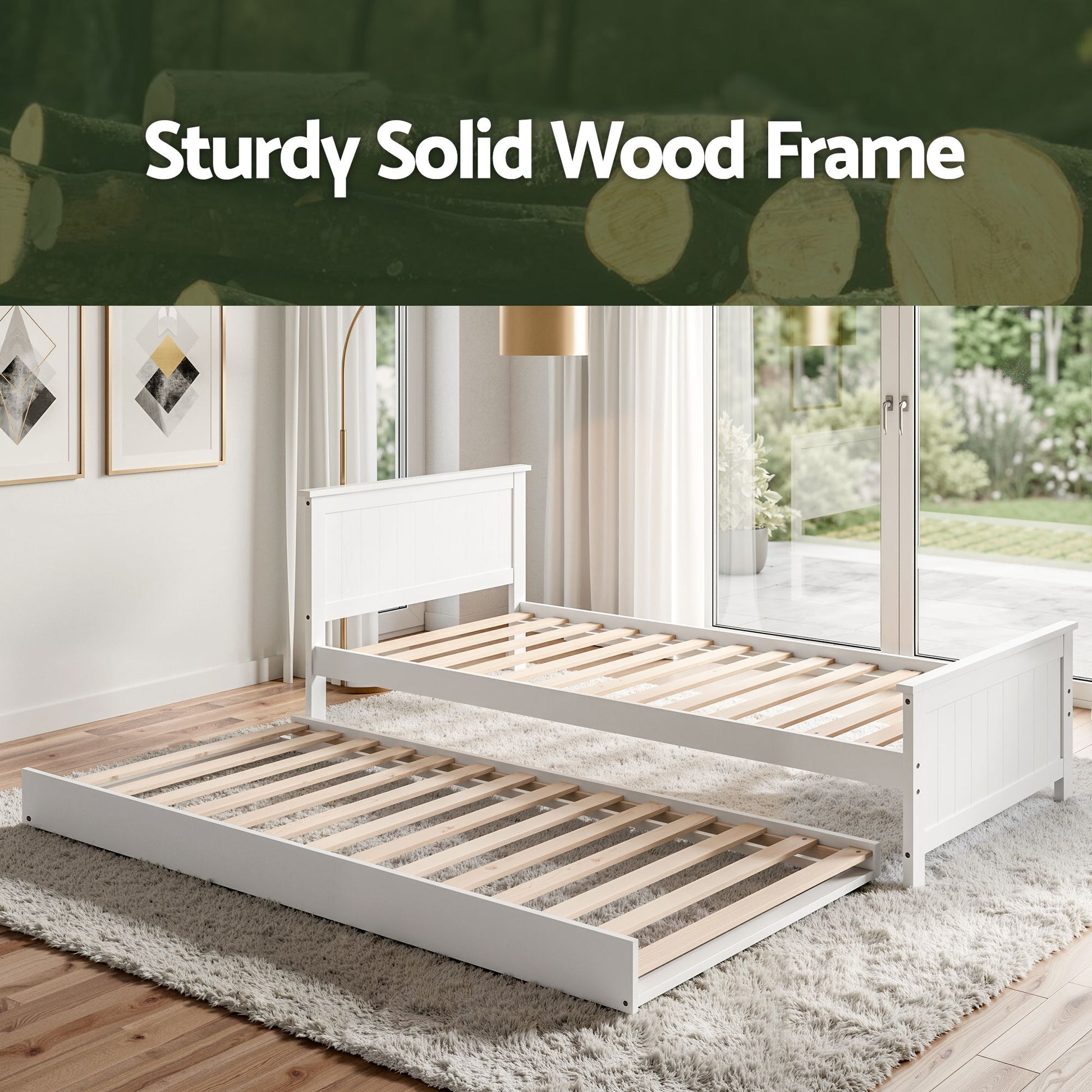 Artiss Single Bed Frame with Trundle Solid Wood Toddler Bunk Bed with Headboard White WBED-F-03S-107-AB