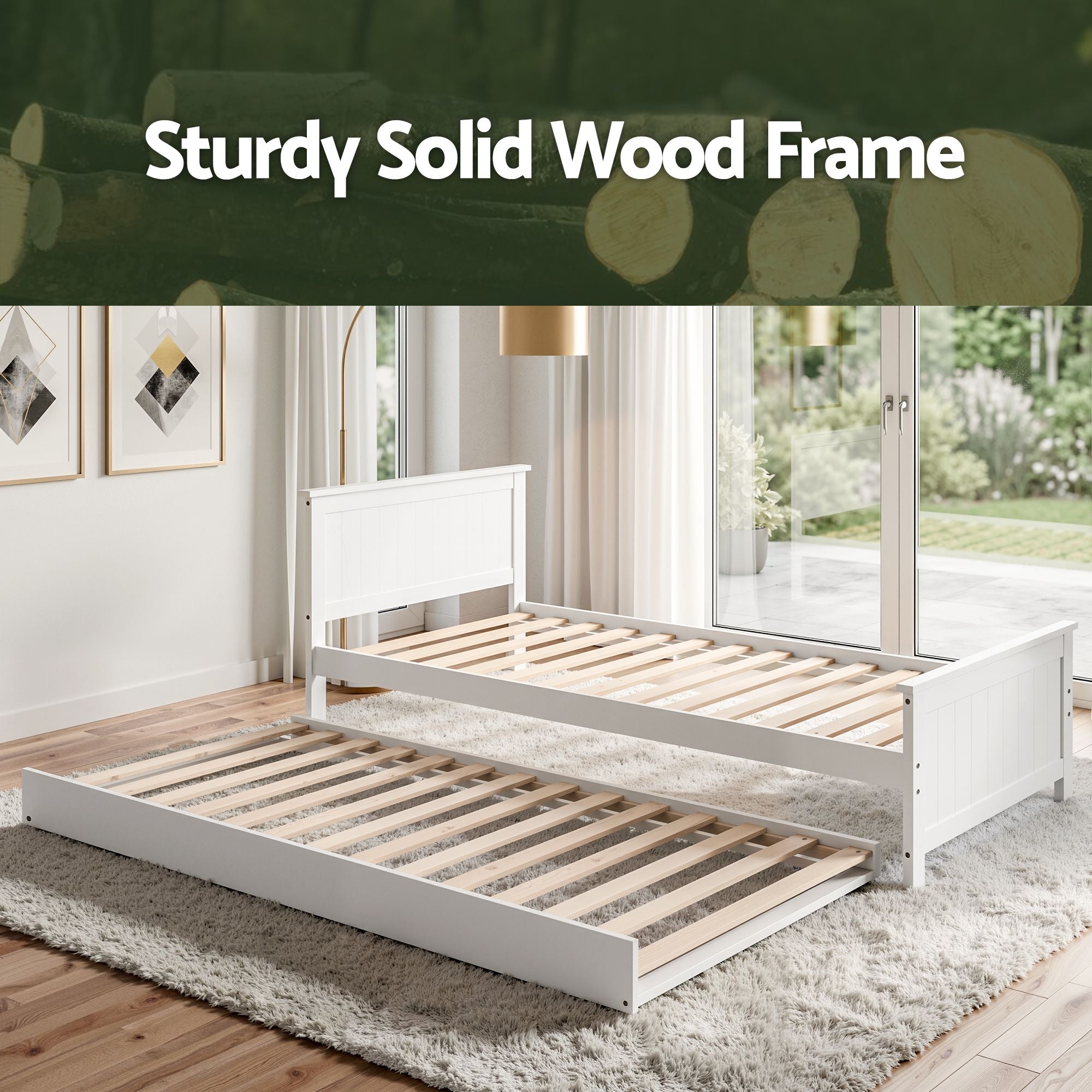 Artiss Single Bed Frame with Trundle Solid Wood Toddler Bunk Bed with Headboard White WBED-F-03S-107-AB