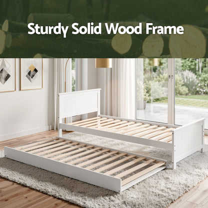 Artiss Single Bed Frame with Trundle Solid Wood Toddler Bunk Bed with Headboard White WBED-F-03S-107-AB
