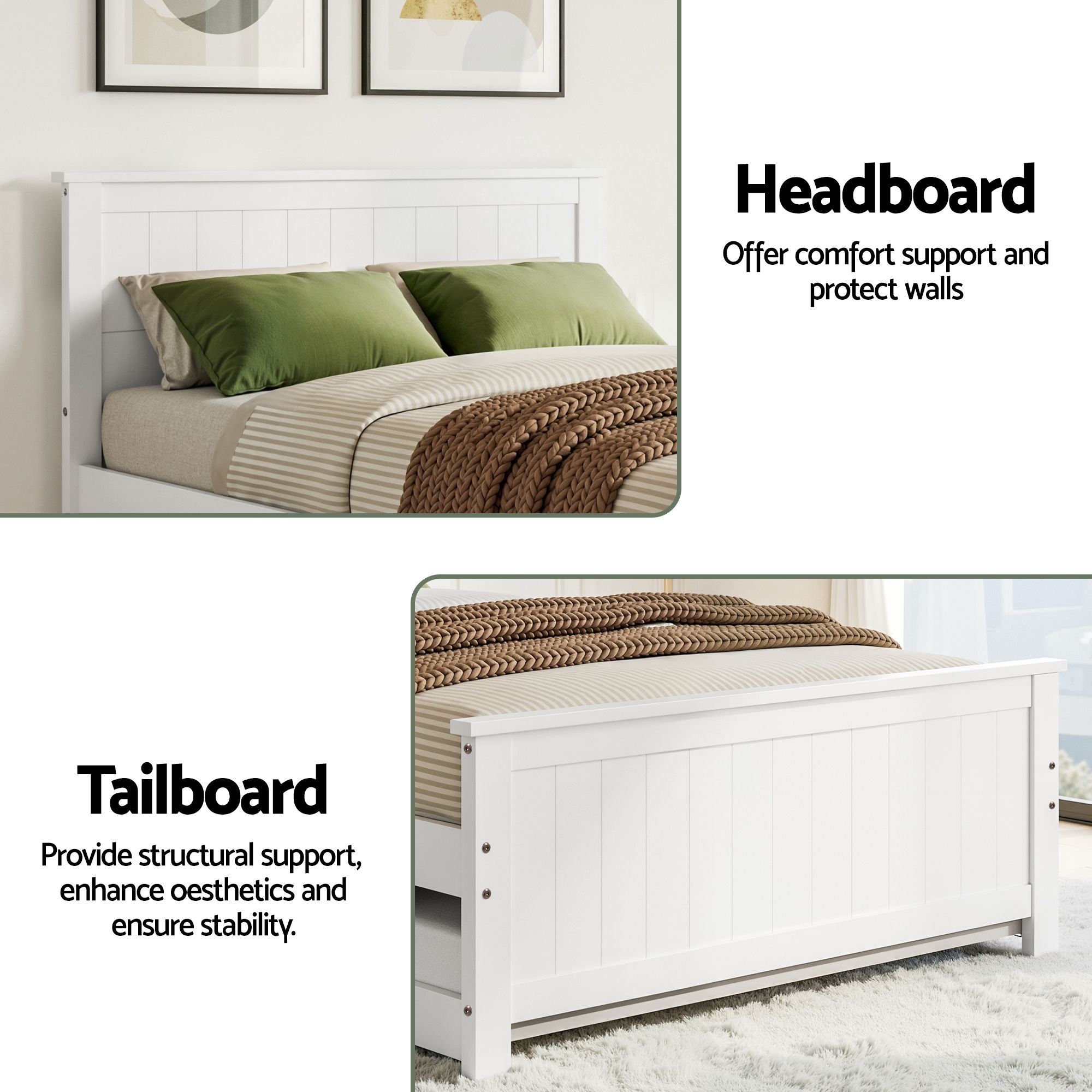 Artiss Single Bed Frame with Trundle Solid Wood Toddler Bunk Bed with Headboard White WBED-F-03S-107-AB