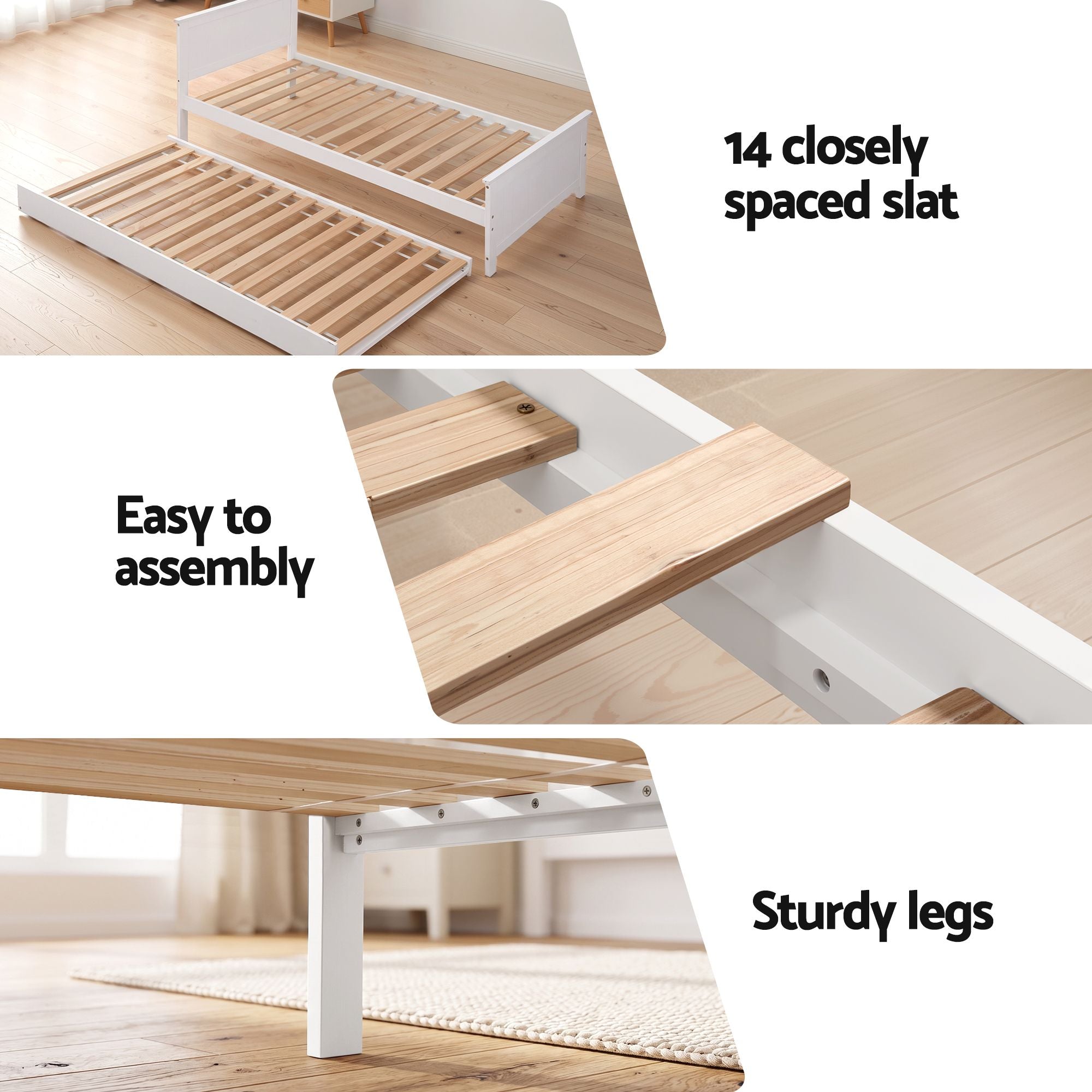 Artiss Single Bed Frame with Trundle Solid Wood Toddler Bunk Bed with Headboard White WBED-F-03S-107-AB