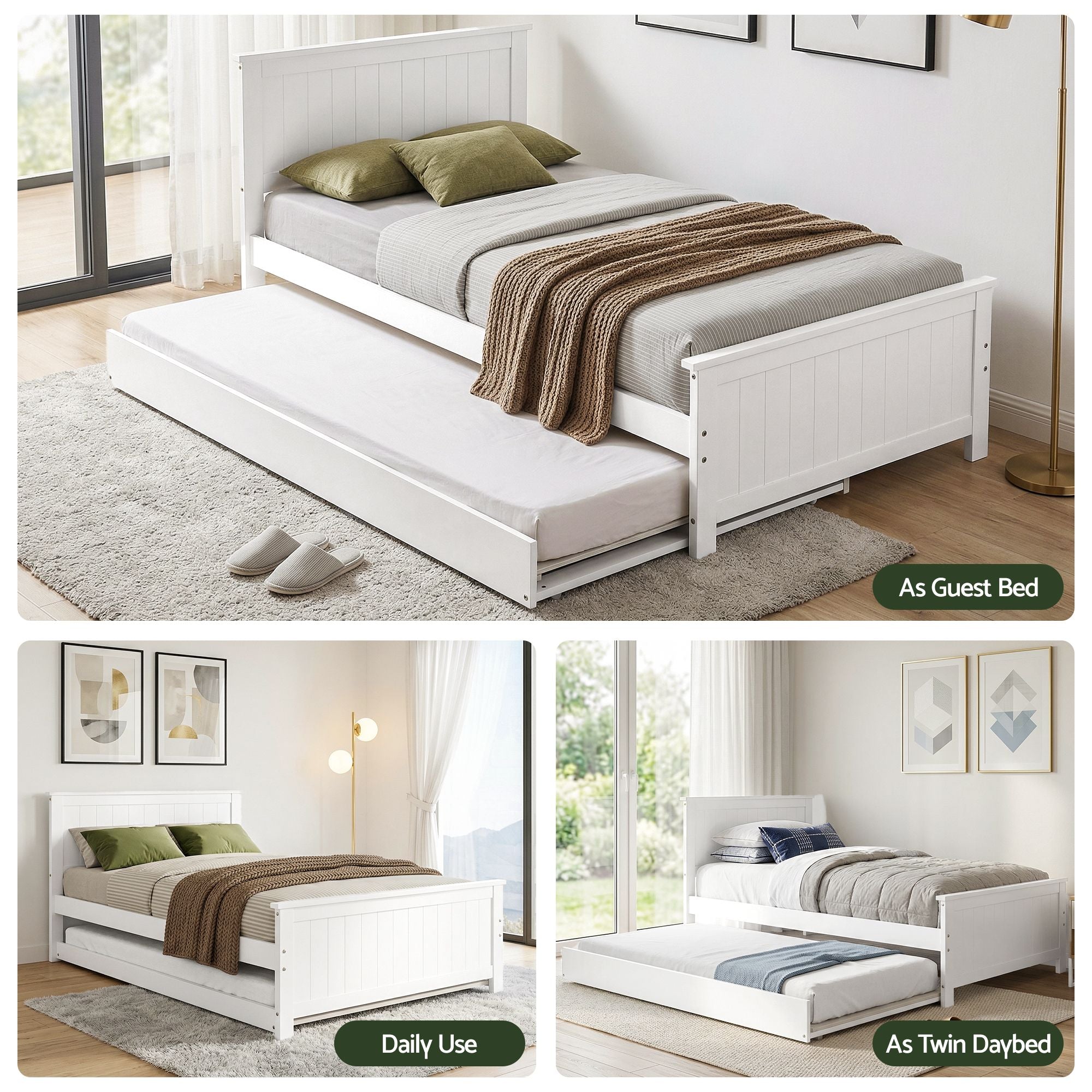 Artiss Single Bed Frame with Trundle Solid Wood Toddler Bunk Bed with Headboard White WBED-F-03S-107-AB