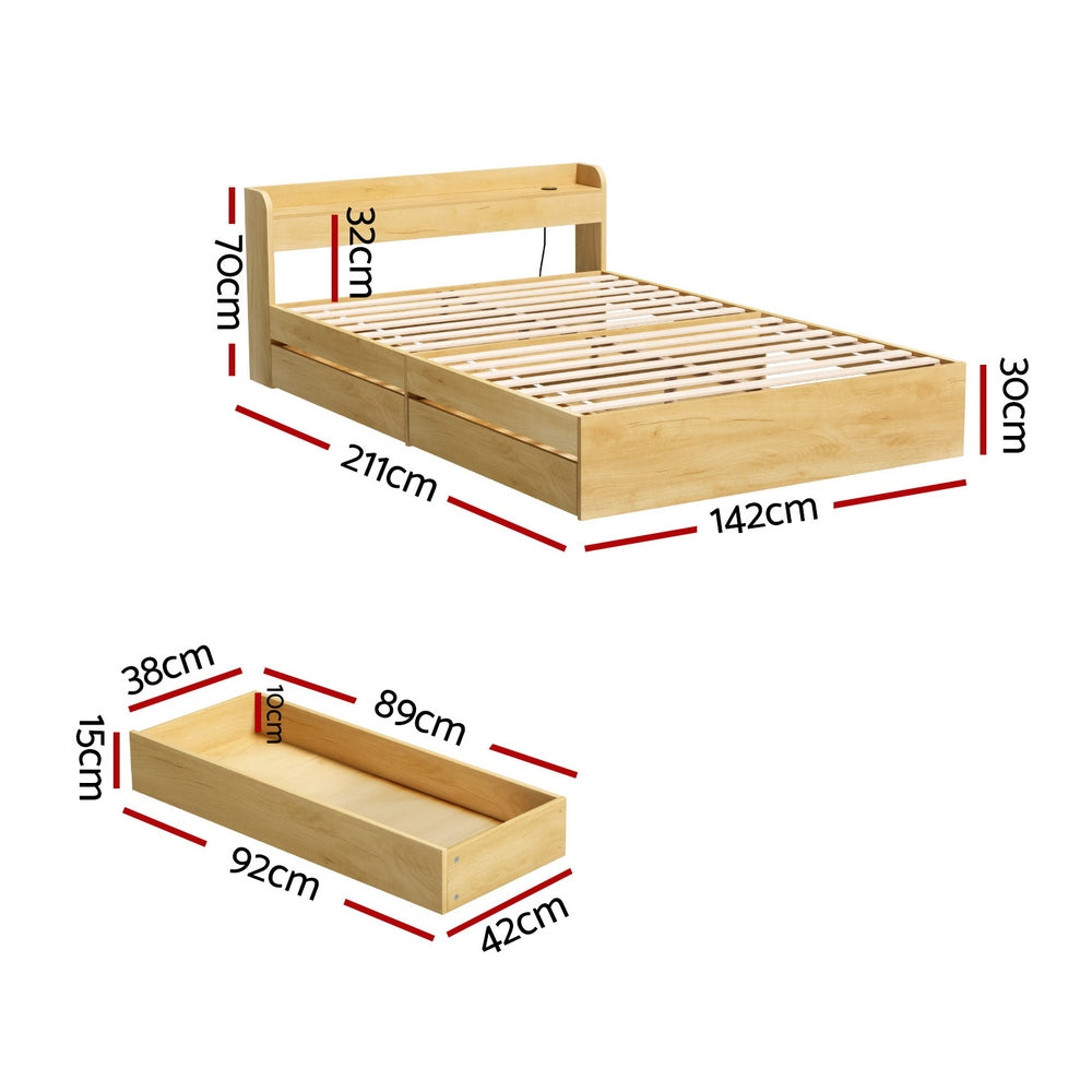 Artiss Bed Frame Double Size with Charging Ports and 2 Drawers AURA WBED-F-AURA-D-WD-ABC