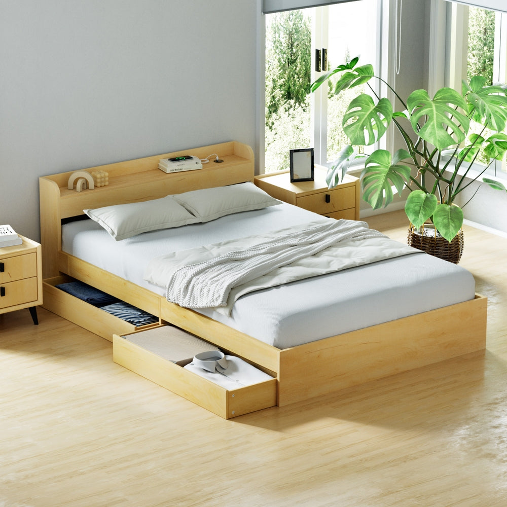 Artiss Bed Frame Double Size with Charging Ports and 2 Drawers AURA WBED-F-AURA-D-WD-ABC