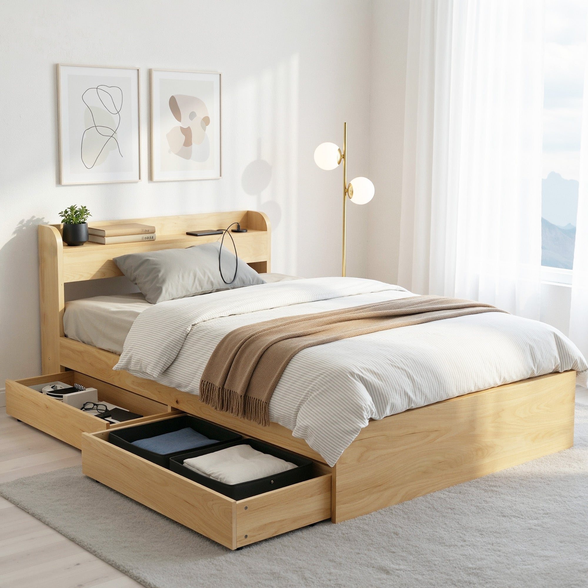 Artiss King Single Bed Frame with 2 Drawers Platform Bed with Headboard Bed Base with USB Ports Natural WBED-F-AURA-KS-WD-AB