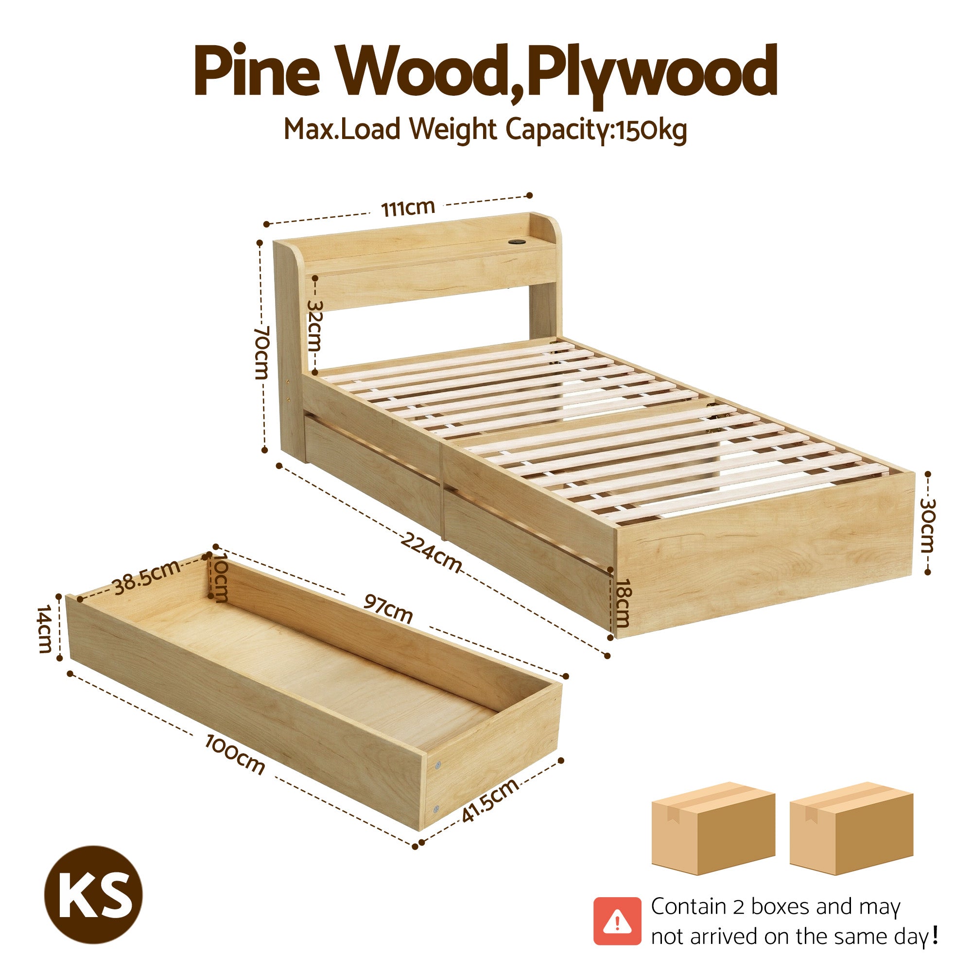 Artiss King Single Bed Frame with 2 Drawers Platform Bed with Headboard Bed Base with USB Ports Natural WBED-F-AURA-KS-WD-AB