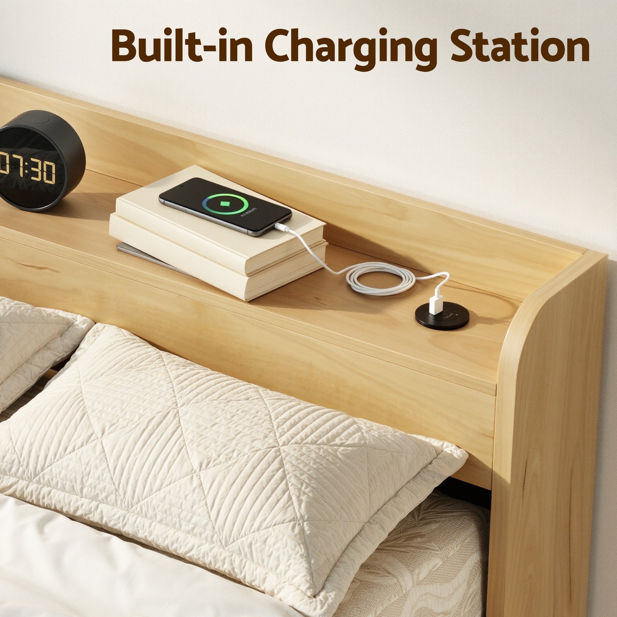 Artiss King Single Bed Frame with 2 Drawers Platform Bed with Headboard Bed Base with USB Ports Natural WBED-F-AURA-KS-WD-AB