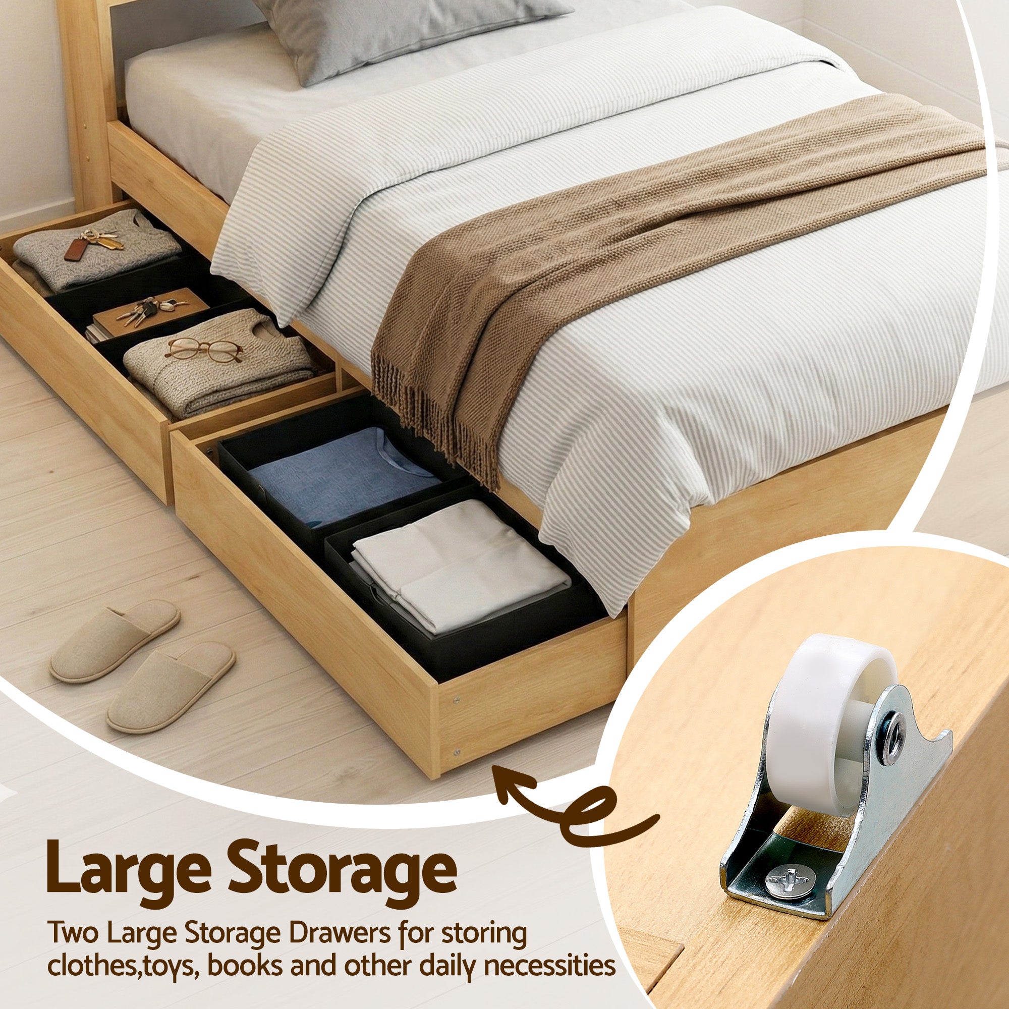 Artiss King Single Bed Frame with 2 Drawers Platform Bed with Headboard Bed Base with USB Ports Natural WBED-F-AURA-KS-WD-AB