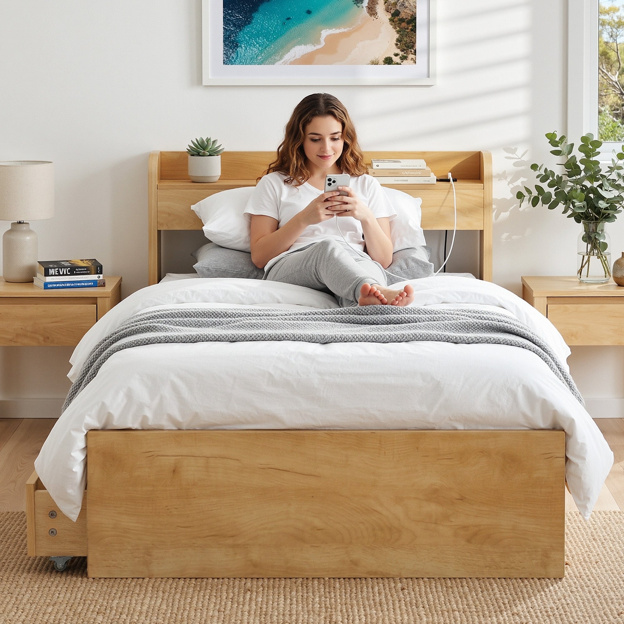 Artiss King Single Bed Frame with 2 Drawers Platform Bed with Headboard Bed Base with USB Ports Natural WBED-F-AURA-KS-WD-AB