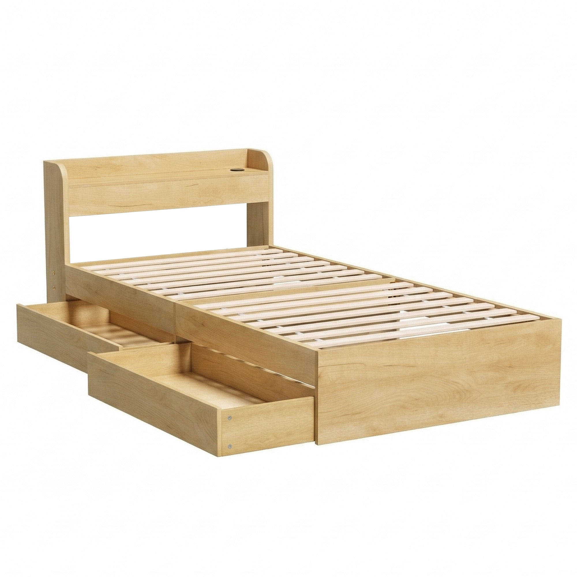 Artiss King Single Bed Frame with 2 Drawers Platform Bed with Headboard Bed Base with USB Ports Natural WBED-F-AURA-KS-WD-AB