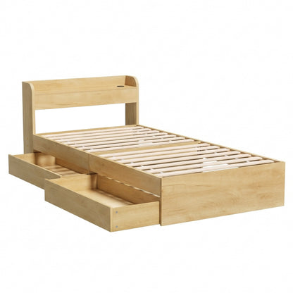 Artiss King Single Bed Frame with 2 Drawers Platform Bed with Headboard Bed Base with USB Ports Natural WBED-F-AURA-KS-WD-AB