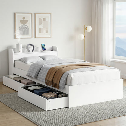 Artiss Bed Frame King Single Size with Charging Ports and 2 Drawers AURA WBED-F-AURA-KS-WH-AB
