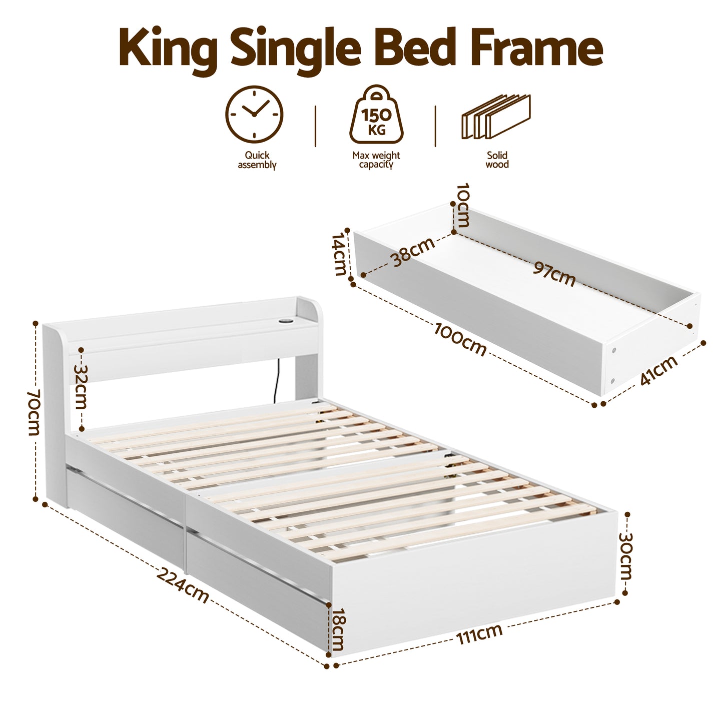 Artiss Bed Frame King Single Size with Charging Ports and 2 Drawers AURA WBED-F-AURA-KS-WH-AB