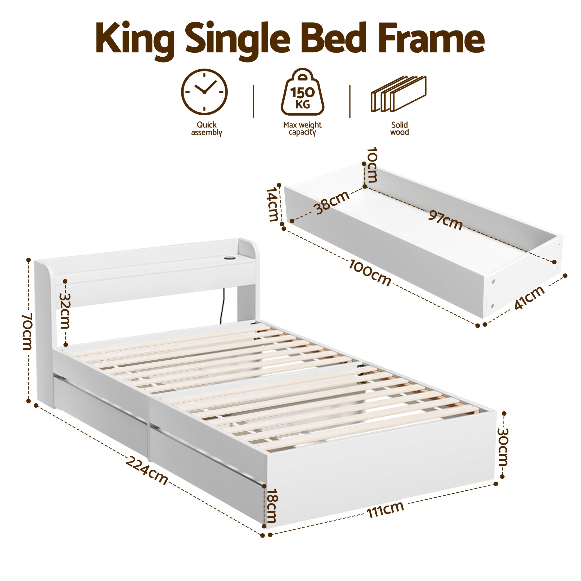 Artiss AURA White King Single Bed Frame WBED-F-AURA-KS-WH-AB
