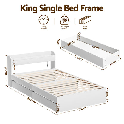 Artiss Bed Frame King Single Size with Charging Ports and 2 Drawers AURA WBED-F-AURA-KS-WH-AB
