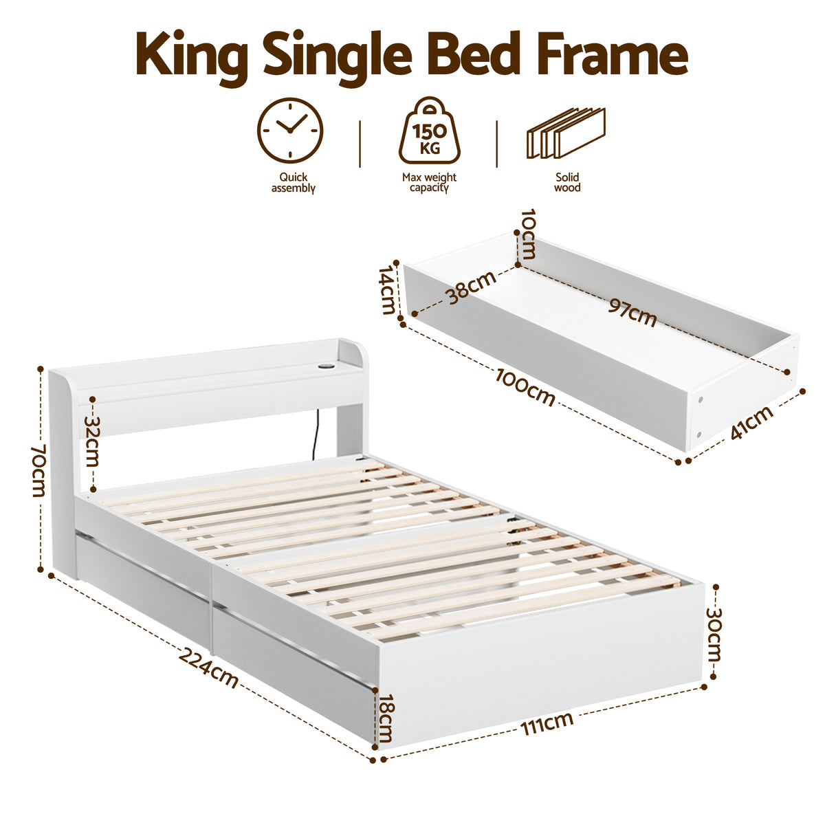 Artiss Bed Frame King Single Size with Charging Ports and 2 Drawers AURA