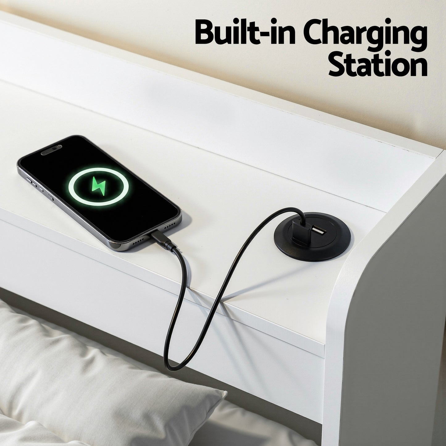 Artiss Bed Frame King Single Size with Charging Ports and 2 Drawers AURA WBED-F-AURA-KS-WH-AB