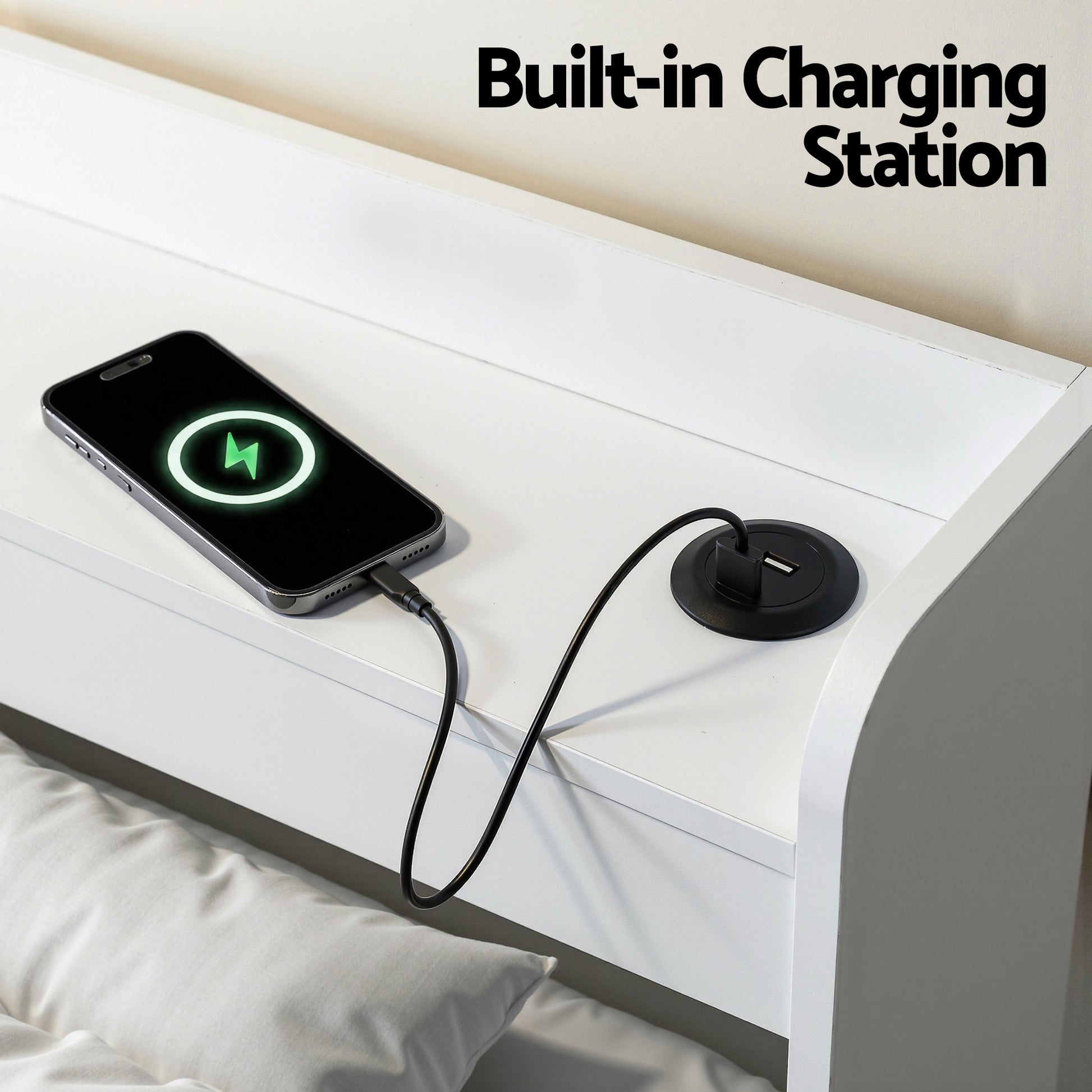 Artiss Bed Frame King Single Size with Charging Ports and 2 Drawers AURA WBED-F-AURA-KS-WH-AB