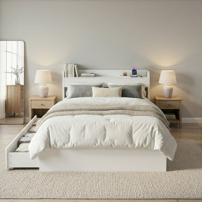 Artiss Bed Frame King Single Size with Charging Ports and 2 Drawers AURA WBED-F-AURA-KS-WH-AB