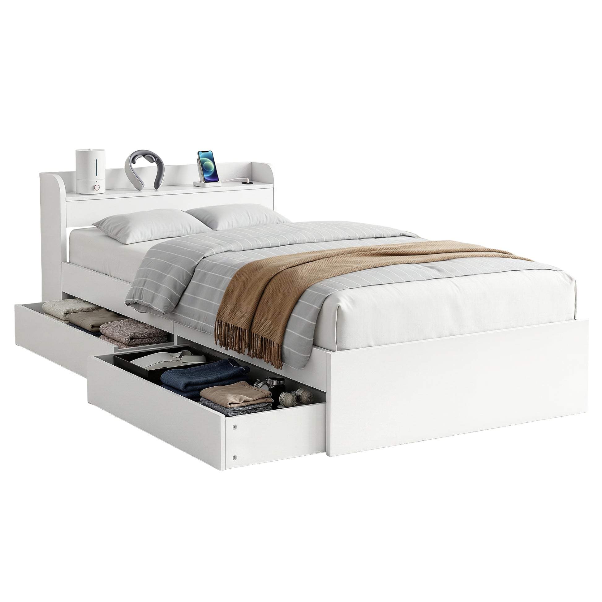 Artiss Bed Frame King Single Size with Charging Ports and 2 Drawers AURA WBED-F-AURA-KS-WH-AB