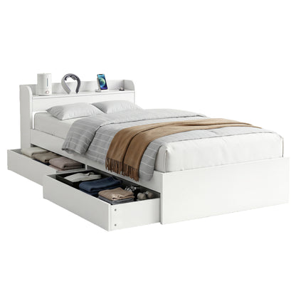 Artiss Bed Frame King Single Size with Charging Ports and 2 Drawers AURA WBED-F-AURA-KS-WH-AB