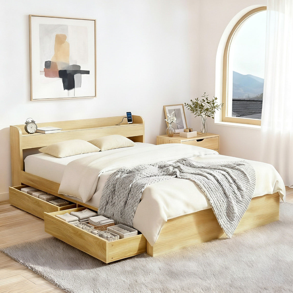 Artiss AURA Pine Queen Bed Frame with Charging Ports and Drawers