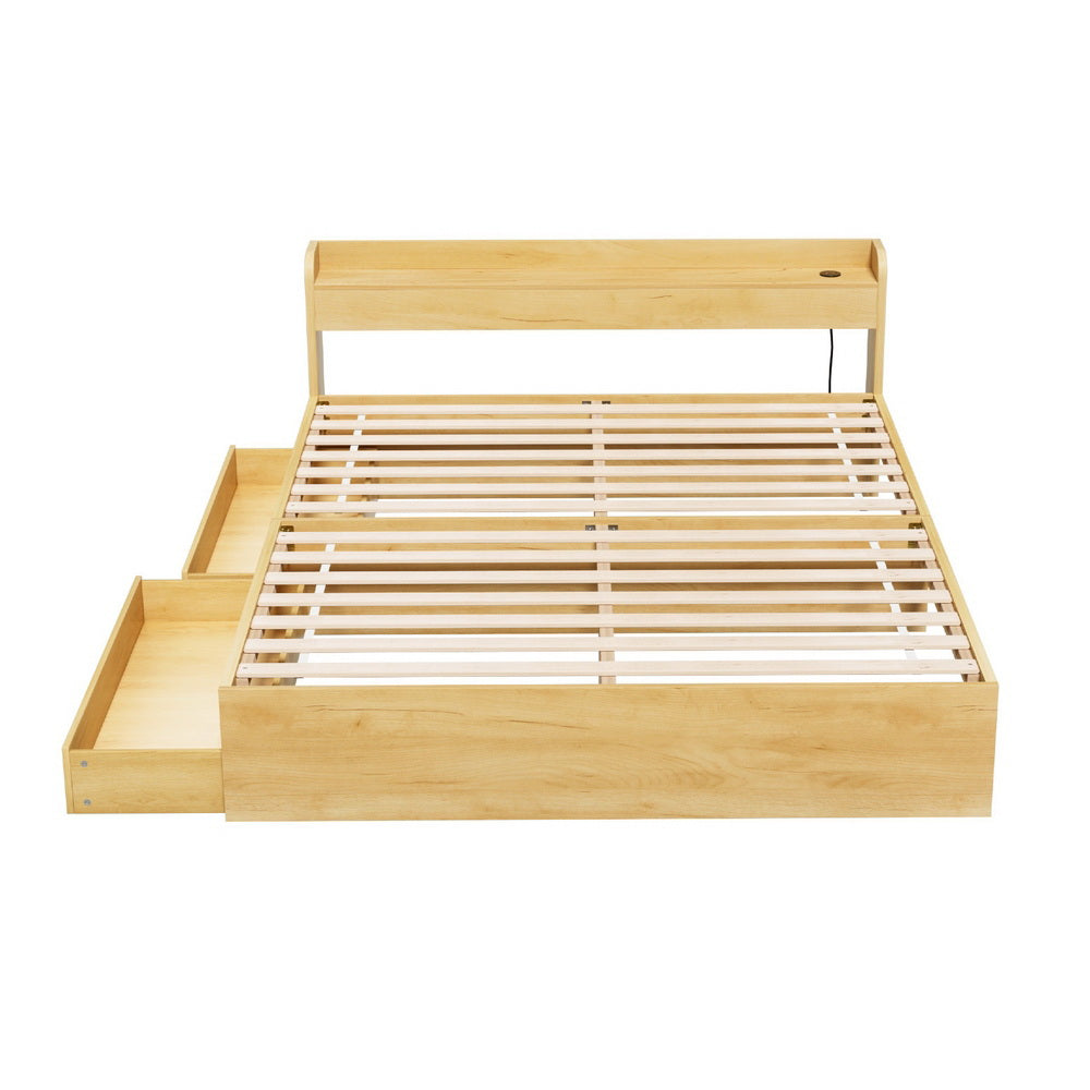 Artiss AURA Pine Queen Bed Frame with Charging Ports and Drawers