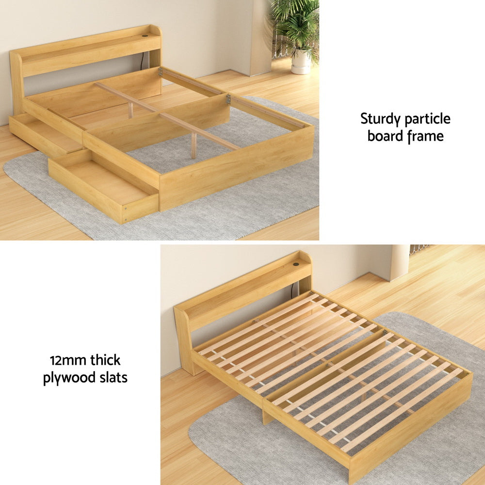 Artiss AURA Pine Queen Bed Frame with Charging Ports and Drawers