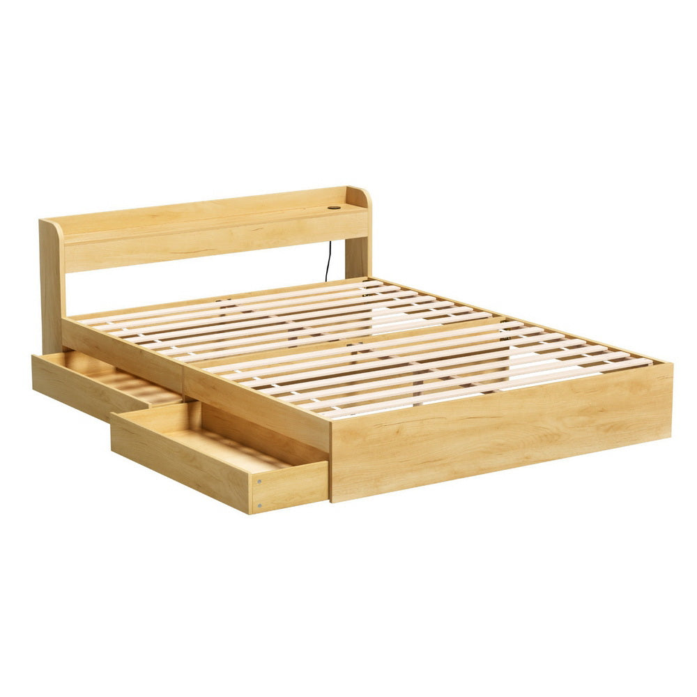 Artiss AURA Pine Queen Bed Frame with Charging Ports and Drawers